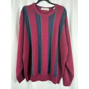 VTG John Ashford Mens XXL Burgundy Navy Green Striped Cable Knit Cotton Sweater‎